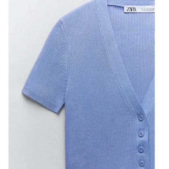 Zara Cropped Knit Top Crop Cardigan V-Neck Button-Up Ribbed Short Blue Sweater M - Picture 2 of 5